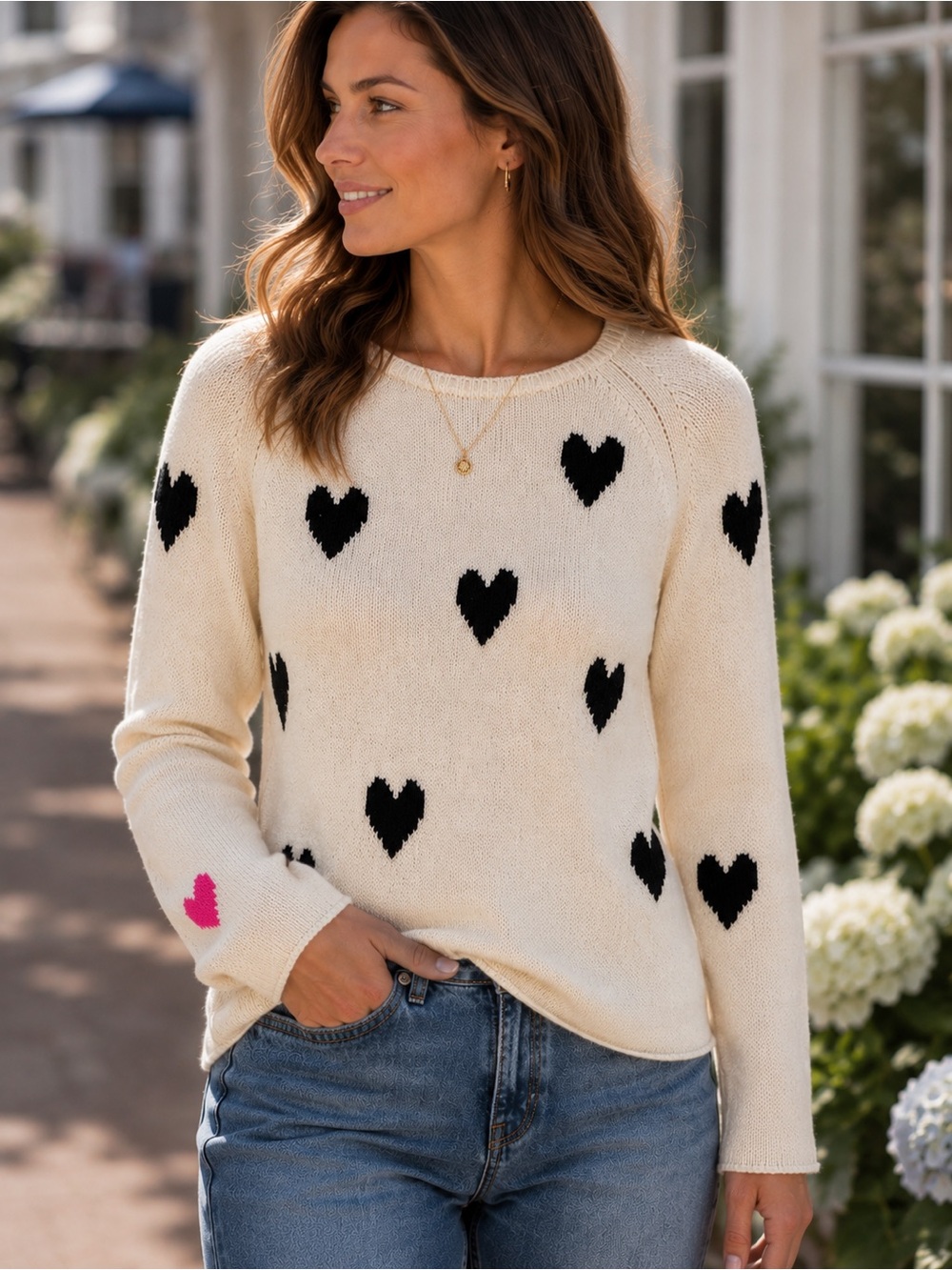 Lisa Todd Heart Intarsia Cotton Blend Sweater Cream Black‎ Pink Raglan Small